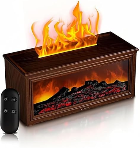 AESHORY Difusor de Aceite Esencial 280ML, Difusor de Aromas para Chimenea con 7 Colores de Luces LED e Control Remoto, Apagado Automático, Humidificador Estilo Llama para Hogar, Oficina, Yoga - Marrón