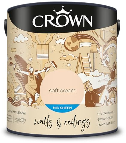 Crown WALLS & CEILINGS Cream Kitchen & Bathroom Paint, Mid Sheen 2.5L | Wipeable Soft Cream, scuff resistant mid sheen. Durable on walls & ceilings. Condensation resistant. Low VOC & low odour