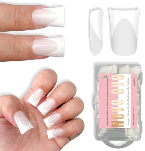 NOVO OVO Short Duck Nail Tips French Tip Press On Milky White, Pre-designed Soft Gel Nail Extension, Need Buider Gel Top Coat, No Glue included, Full Cover Acrylic False Nails for DIYx12 Sizes 240pc