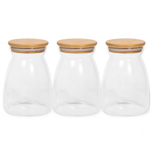 Aucomptoirdesboites Lot de 3 Bocaux en Verre Borosilicate 1L avec Couvercle Bambou Hermétique – Pots de Conservation Alimentaire Ronds – Bocaux Cuisine pour Pâtes, Riz, Café, Thé, Épices