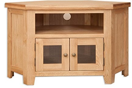 Oak and Pine Online Chunky Solid Oak 2 Door Glazed Corner Harrogate Natural Tv Cabinet Stand/Unit Living Room Furniture