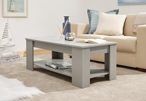 GFW Lift Up Coffee Table With Hidden Storage For Living Room. Modern Wooden Lift Top Coffee Tables With Display Shelf & Storage Compartment For Media & Accessories, Grey, H39.5cm x W105cm x D50cm
