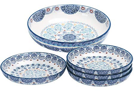 Bico Blue Talavera - Juego de 5 cuencos de cerámica para pasta, ensalada, microondas y lavavajillas