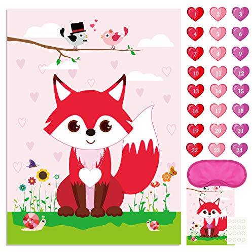 FEPITO Pin das Herz auf dem Fuchs Valentinstag Spiel mit 24 Stück Herz Sticker für Valentinstag Party Supplies, Kindergeburtstag Party Dekoration