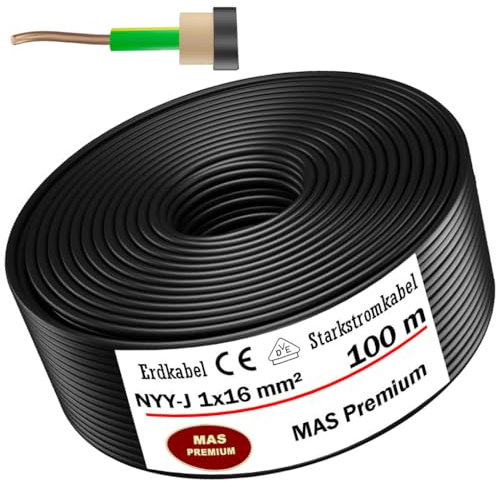 Câble de terre 100 m [NYY-J 1 x 16 mm²] – Produit de qualité allemande – Câble électrique avec anneau pour la pose en extérieur et en terre – Câble d'alimentation standard – Fabriqué en Allemagne