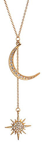 HMOOY Mode Kristall Halbmond und Stern Anhänger Halskette Vergoldet Retro Stern Phase Anhänger Zarte Kette Halskette Accessoires Schmuck für Frauen (Gold)