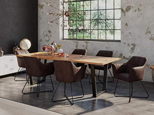 SAM 7tlg. Essgruppe Dora 200 x 100 cm, Mangoholz massiv & naturfarben, Baumkantentisch mit V-Metallgestell in Mattschwarz + 6X Stuhl Kirin in Wildleder-Optik