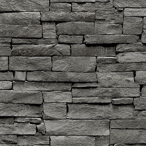 Exclusive Realistic 3D Vintage Brick Effect Rustic Stone Grey Textured Vinyl Wallpaper (Stone Effect Charcoal AL1015)