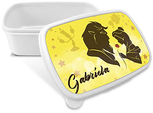 LolaPix Caja merienda. Caja merienda infantil. Caja merienda con nombre. Apta microondas y libre BPA, Filatos y metales pesados. Fiambrera infantil. Regalos personalizados. BELLA Y BESTIA