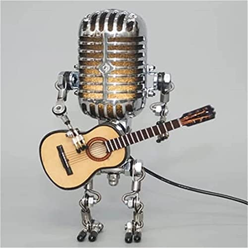 Retro Style Microphone Robot Desk Lamp Holding Guitare Vintage,Vintage Microphone Robot Touch Dimmer Lamp Table Lamp,Vintage Guitar Robot Desk Lamp,for Bedroom,Living Room,Restaurant (Yellow)