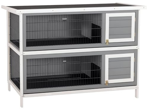 PawHut 54 2-Story Large Rabbit Hutch Bunny Cage Wooden Pet House Small Animal Habitat with Lockable Doors, No Leak Tray and Waterproof Roof for Outdoor/Indoor Dark Grey