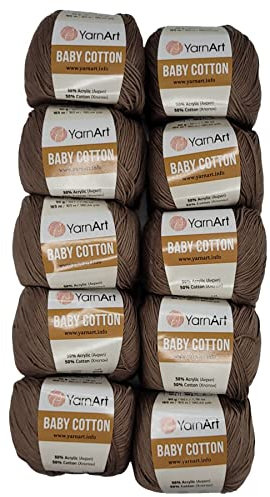 10 x 50g Strickwolle YarnArt Baby Cotton mit 50% Baumwolle, 500 Gramm Wolle einfarbig (braun 407)