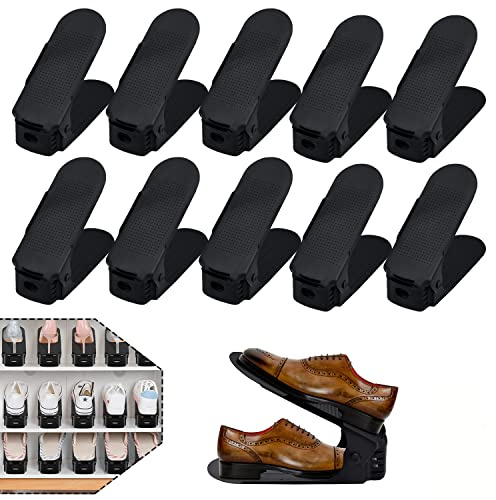 YUENFONG 10 Stück Einstellbare Schuhregale Schuhstapler Schuhhalter Set, 3 höhenverstellbar Schuhaufbewahrung, Platzsparend, Rutschfest Kunststoff (Schwarz)