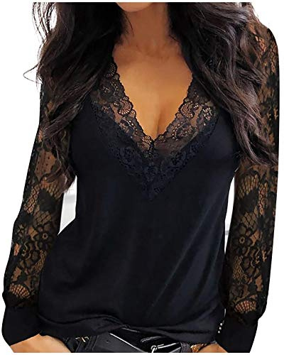 Womens Sexy Lace Long Sleeve Blouse Low Cut V Neck Shirts Fashion Solid Spring Date Nights Party Tunic Tops