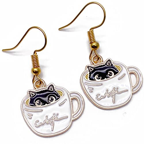 Cat Earrings, Cute Kitty in a Coffee Cup Enamel Charm Beads on Nickel Free Gold Tone Hooks : 38mm long, Animal Pet Kitten Lover Gift