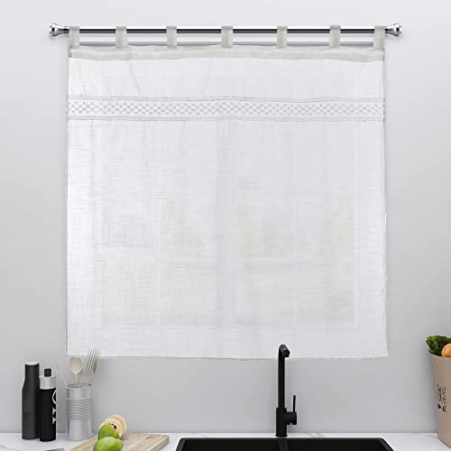 Dalina Textil - Cortina de Cocina Translúcido con Bordado, Visillo Transparente para Cocina, Comedor, Marco de Puerta 1 Pieza Tejido Gasa Fina con Bordaje Blanco 140x140cm