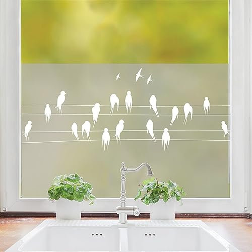 Wandtattoo Loft Sichtschutzfolie Fenster mit Vögeln auf Leitung sitzend Motiv, Fensterfolie Blickdicht, Milchglasfolie Fenster, Fensterdeko selbstklebende Folie, Fenster Dekoration, Fenster Klebefolie