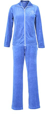 DeSen Damen Velours Nicki Hausanzug Freizeitanzug Nicki-Anzug mit Reißverschluss und Glitzersteinen (44/46, Royal Blau)