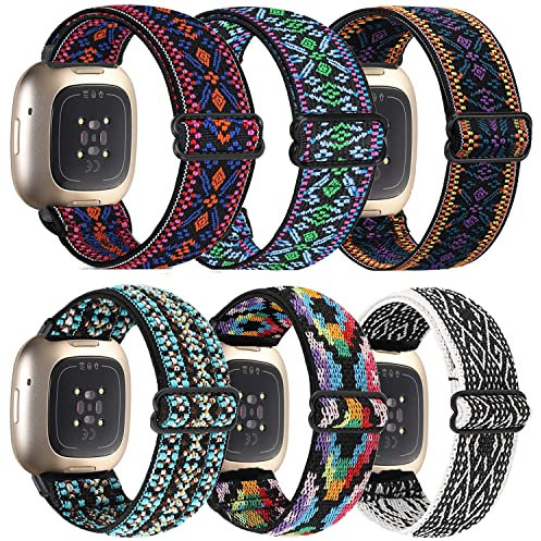 Elastische Nylonbänder, 6 Packungen, kompatibel mit Fitbit Versa 3/Fitbit Sense, verstellbare Nylon-Ersatzbänder für Fitbit Versa-Smartwatch, für Damen und Herren, Ohne Edelstein