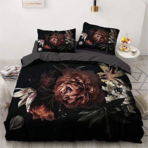 Luowei Blumen Bettwäsche 135x200cm 4 Teilig Schwarz Blüten Floral Vintage Bettbezug Set mit Reißverschluss Weiche Microfaser Deckenbezug und 2 Kissenbezüge 80 x 80cm
