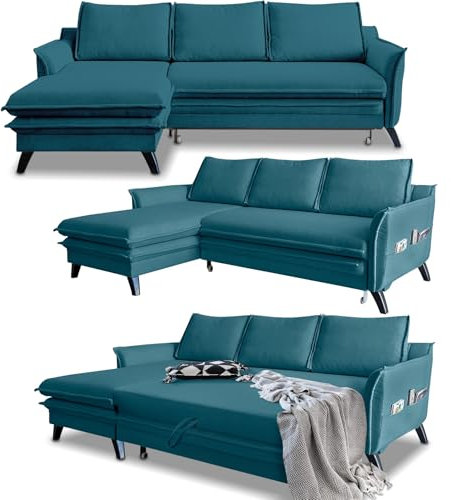 MIUFORM Ecksofa mit Schlaffunktion und Bettkasten | Charming Charlie | Wohnlandschaft Mit Schlaffunktion Couch Schlafcouch Wohnzimmer Gästezimmer | Holzlfüße Boho-Stil (Türkis, Links ausgerichtet)