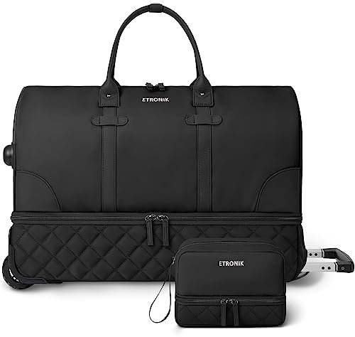 ETRONIK Reisetasche mit Rollen, Reisetasche, 21 Zoll Reisetasche Damen mit Schminktasche, 21x14x9 Zoll Flug Genehmigt Weekender mit Rollen, Schwarz