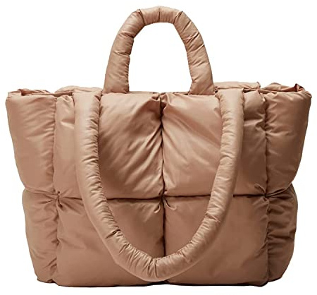 Frauen Große gesteppte Puffer Tragetasche Weich Gepolsterte Daunen Winter Handtasche Weltraum Totes Puffer Umhängetasche Kissen Shopper Tasche, Khaki-m, Large