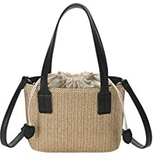 Ulisty Femmes Petit Sac en Paille Mini Tissé Sac à Seau Été Sac de Plage Mode Sac à bandoulière Sac à poignée supérieure Sac à épaule Sac à Main Noir