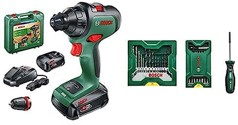 Bosch Akku-Bohrmaschine AdvancedDrill 18 (2 Akkus, 18 Volt System, im Handwerkerkoffer) + 25 + 15 + 1 Mini-X-Line Set plus Griff (für Metall, Holz, Stein, Zubehör Bohrmaschine)