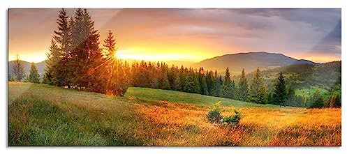 Pixxprint Glasbild Panorama, Wandbild aus Echtglas, Wiesenlandschaft bei Sonnenuntergang, 120x50 cm, inkl. Aufhängung und Abstandshalter