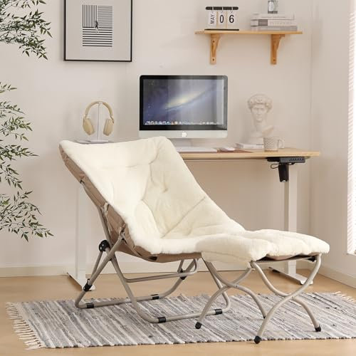 YOTATING Saucer Chair with Ottoman, Comfy Faux Fur Chair Oversized Folding Soft Furry Lounge Lazy Chair Metal Frame Moon Chair Accent Chair for Bedroom, Living Room, Dorm Rooms, Beige