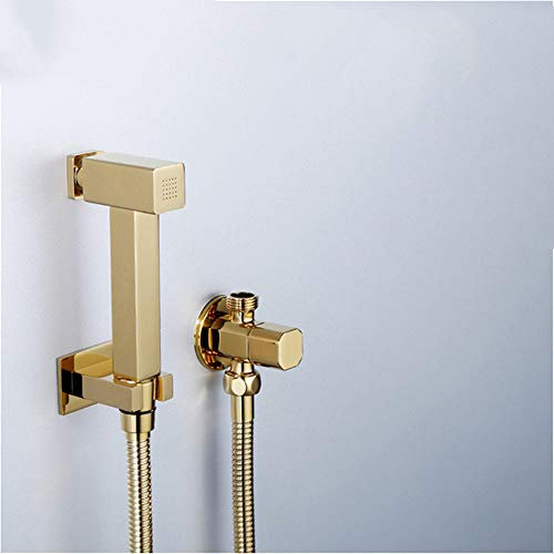 Inodoro Shattaf Pulverizador de bidé de mano, Juego de ducha cuadrada de titanio dorado de latón macizo con botón pulsador, Juego D (Size : B Set)