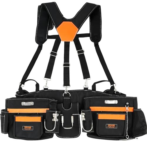 VEVOR Ceinture à Outils avec Bretelles 29 Poches Ceinture Porte Outils Robuste en Polyester 600D Tour de Taille Réglable 736,6-1371,6 mm pour Hommes Charpentiers Électriciens Bricolage Jardinage, Noir