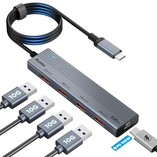 Aceele USB C Hub 10Gbps USB 3.2 Splitter with 100W PD Charging, Aluminum Powered USB C Extender with 3.3ft Extension Cable for PC, MacBook, PS4/5, Surface Pro, Dell