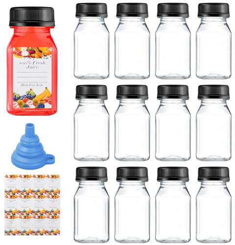 Anseom 12 Stück Mini Leere Flaschen Kunststoff, 100ml Kunststoffflaschen mit Deckel, Wiederverwendbare Saftflaschen Trinkflaschen, Transparent Plastikflaschen mit Aufklebern und Trichter