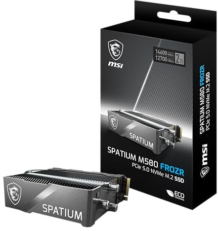 MSI SPATIUM M580 PCIe 5.0 NVMe M.2 2TB FROZR - Disque SSD Interne 2 to avec radiateur, PCIe 5.0 NVMe M.2, Lecture 14600 MB/s & Écriture 12700 MB/s, 3D NAND, Garantie 5 Ans (1400 TBW)