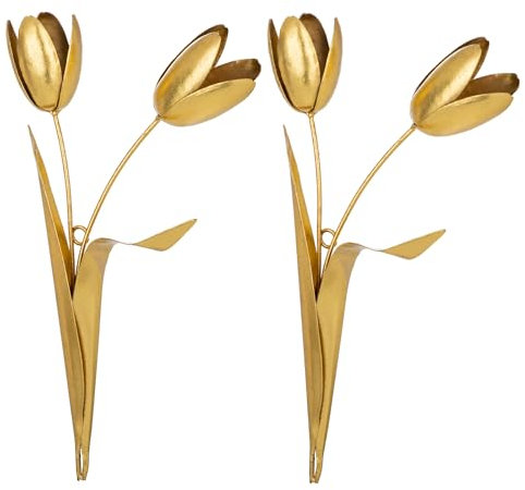 Oairse Gold Metal Flowers Wall Decor, 15 Metal Tulip Flowers Rustic Wall Art Decoration 2 pcs Floral Sculpture Farmhouse Wall Hanging Decor for Christmas Home Kitchen Bedroom Living Office