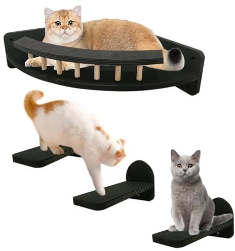 Kathson Premium Kletterwand Katzen Set, hölzerne Katze Wandregale mit 3 Schritten, Ecke Katze Klettern Regal