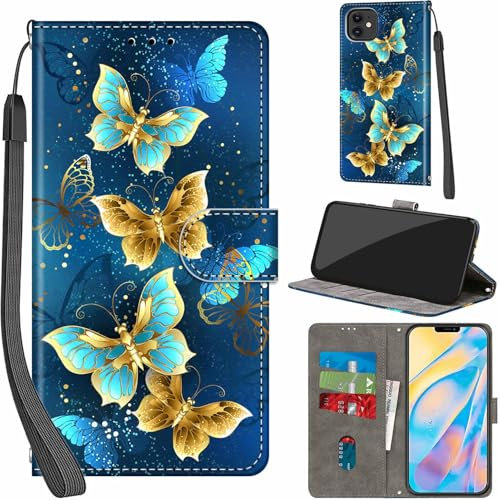 Handyhülle für iPhone 12/12 Pro Hülle PU Leder Schutzhülle Klappbar mit Kartenfach Ständer Handytasche mit Kameraschutz Flip Case Klapphülle für iPhone 12/12 Pro, Vier Schmetterlinge