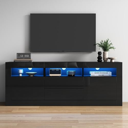 KOMHTOM Meuble TV 160 cm Longueur Noir avec LED et Rangement Table Television Salon avec Deux tiroirs et Portes Meuble de Salon Moderne (Noir, 160 x 35 x 60 cm)