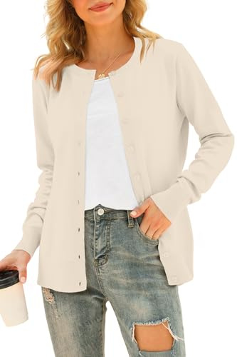 YUNDAI Womens Round Neck Button Down Long Sleeve Lightweight Knit Cardigan | Soft lightweight knit cardigan, round neck & button closure, long sleeve relaxed fit for spring fall daily casual outfits