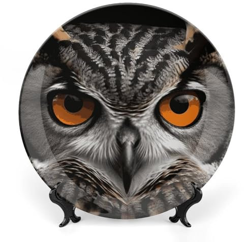 VFKLT Keramikteller mit Eulenaugen-Motiv, Essteller, Knochenporzellan, dekorative Teller mit Präsentationsständer, Kunstkeramikornamente für Wandbehang, Dekoration, 15,2 cm