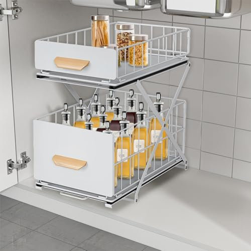 HUOLE Rangement sous Évier Tiroir Coulissant à Extraction pour Cuisine Panier de Rangement Coulissant à 2 Niveaux pour Placard de Cuisine, Porte-épices,Salle de Bain, tiroirs coulissants sous évier