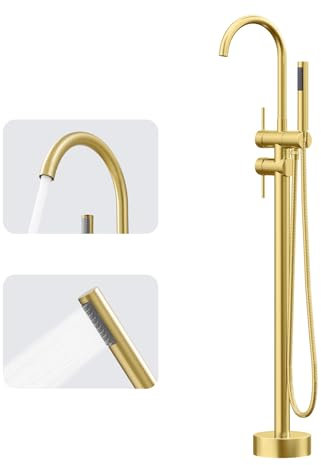 GIMILI Badewannenarmatur, Bodenmontage, freistehend, mit hohem Durchfluss, Duscharmaturen, schwenkbarer Schwanenhals-Auslauf mit Zylinder, goldfarben