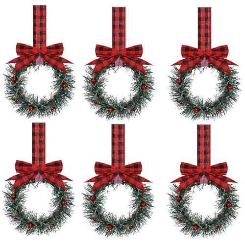 Kleine Weihnachtskränze für Küchenschränke, Mini-Kränze für Küche, Fenster, Stuhllehnen mit Band, kleine Kränze für Küchenschränke, künstliche grüne Weihnachtskränze für Bauernhaus-Dekoration, 6 Stück