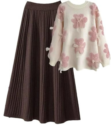 Dickes, gestricktes zweiteiliges Damen-Set, süßer Cartoon-Pullover, Pullover und Strickrock, 2-teiliges Set 4, L