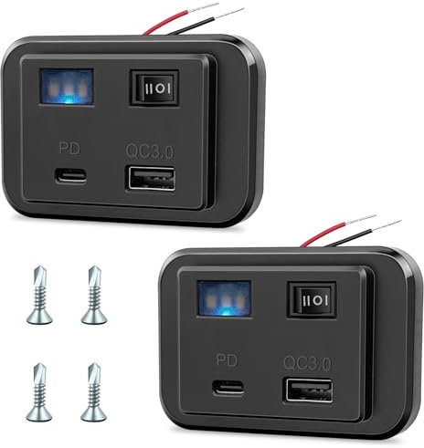 Hoembpn 2 cargadores de coche con panel USB de 12 V PD3.0 + QC3.0 con interruptor y luz nocturna LED, toma de corriente USB DC12V-26V adaptador de carga rápida para exteriores, accesorios marinos