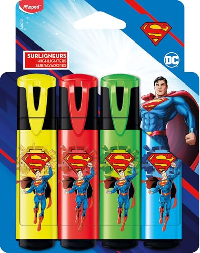 Maped - 4 SUPERMAN Textmarker in leuchtenden Farben - abgeschrägte Spitze - langlebige Textmarker für Schule und Beruf - gelb + rot + grün + blau