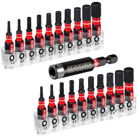 Geinxurn Set di punte esagonali, 20 pezzi esagonali (1,5-8 mm), 25 mm, attacco esagonale S2, in acciaio legato, resistente agli urti, con 1 supporto magnetico da 60 mm