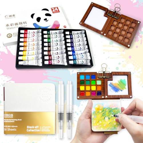 NlsqEU Mini Set Acuarela, Set Acuarela Portatil, Mini Kit Acuarela Viaje, Kit de Caja de Paleta de Portátil con Clip de Pincel para Estudiantes Pintores, Artistas